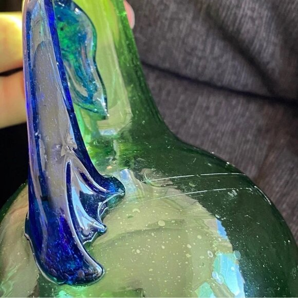 Handblown Artisan Glass Vase Blue and Green 7.25in - Picture 7 of 15